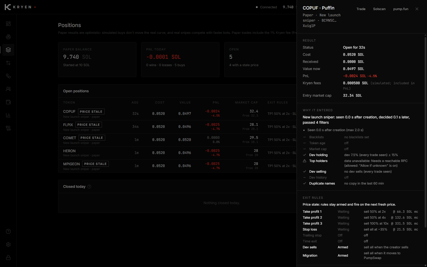 A paper position’s details: entry reason with each filter’s result, and the armed exit rules with their trigger market caps.