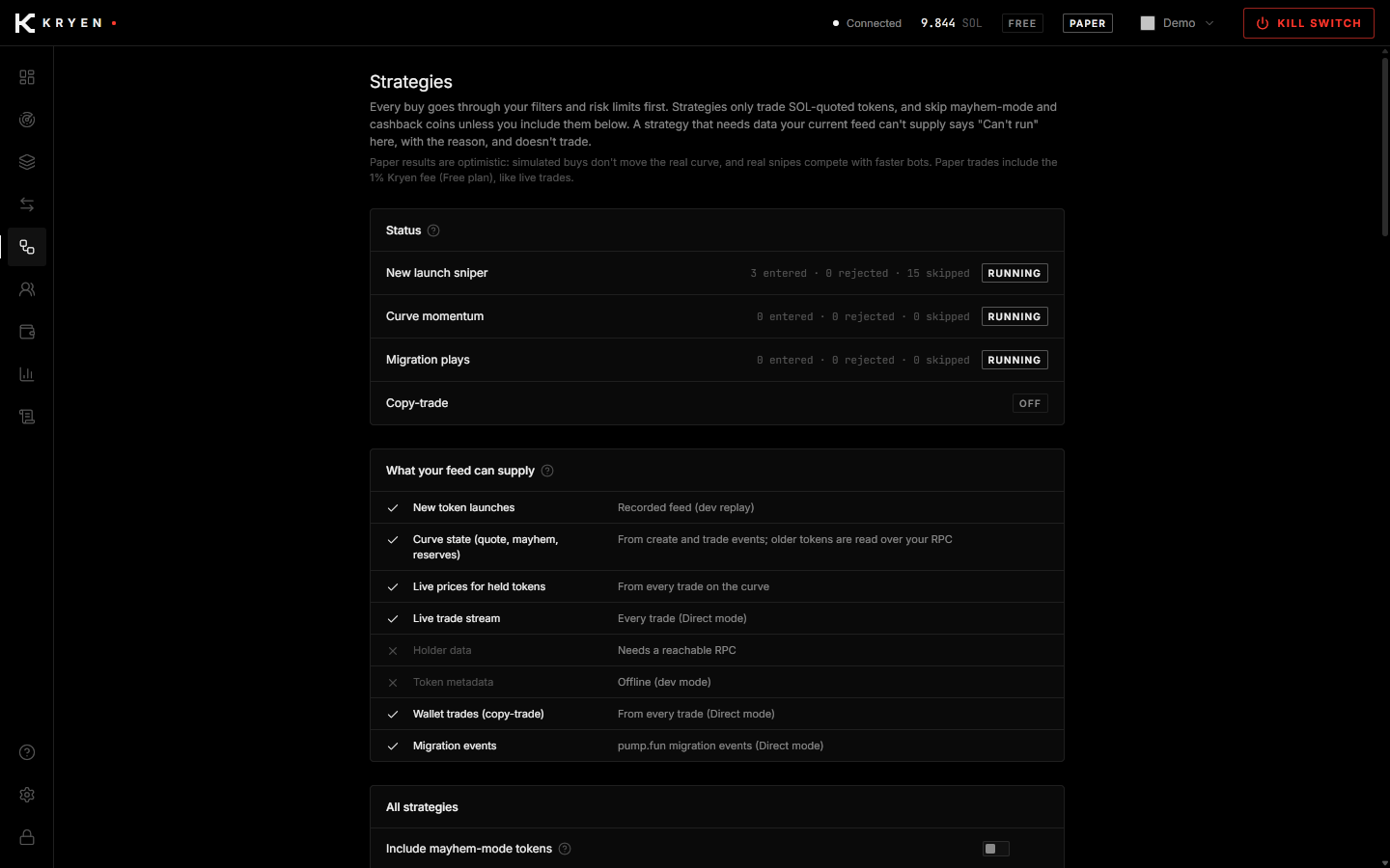The Strategies screen: the four strategies with their state and settings.