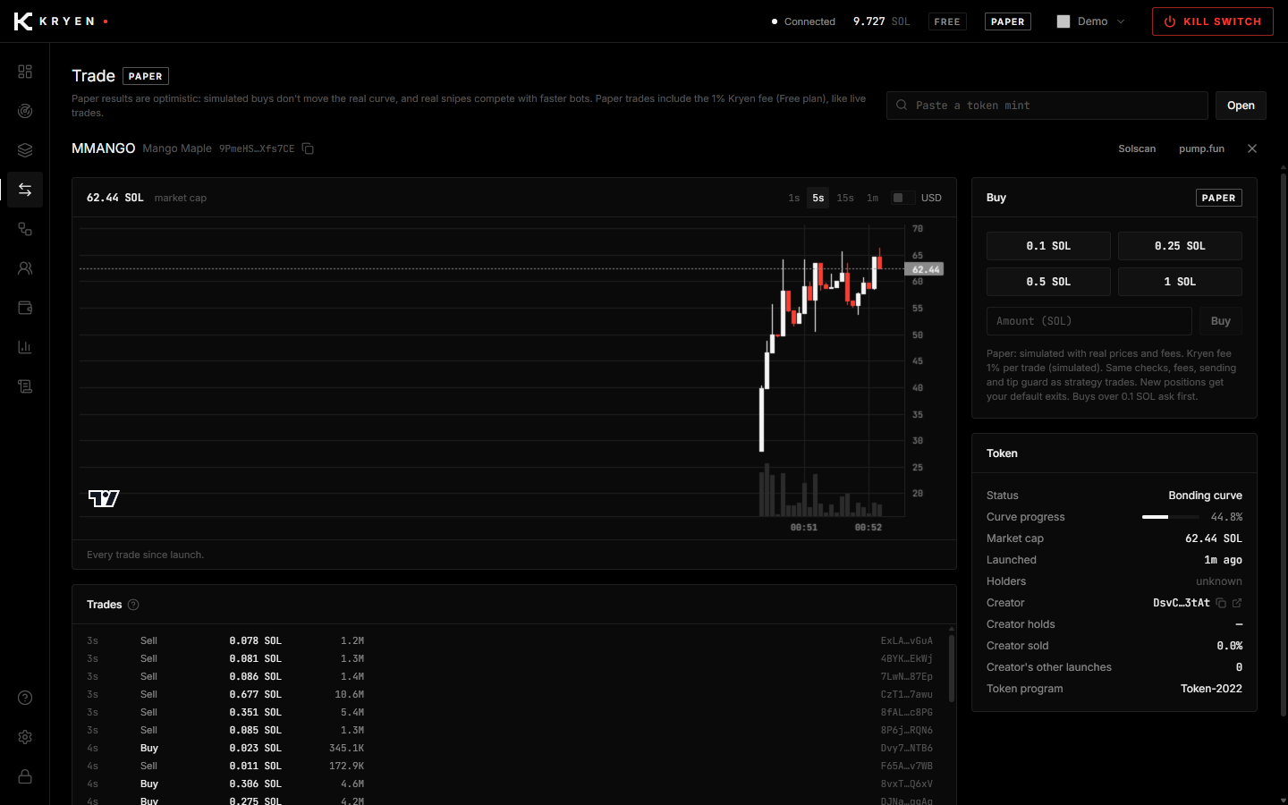 The Trade screen: a 1-second market cap chart, buy buttons, the open paper position with its cost and PnL, and the trade tape.